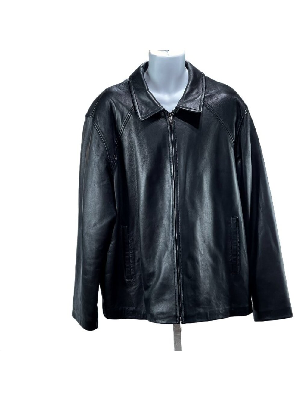 Mens Black Leather Jacket With Zipper Closure & Pockets
